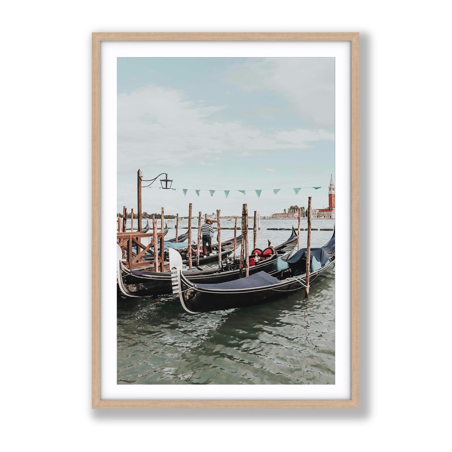 The Gondolier Venice Gondola Italian wall art Gallery fine art print in natural oak frame with matboard