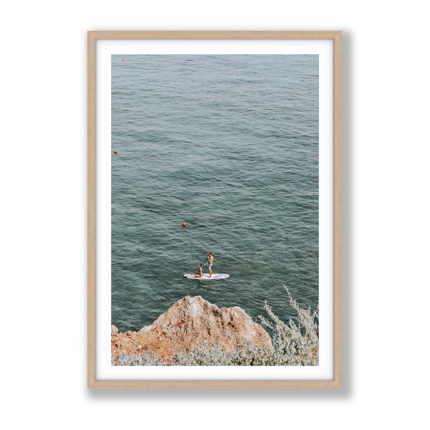 Into The Vibe Without Getting Wet Tuscany coastal wall art Gallery fine art print in natural oak frame with matboard