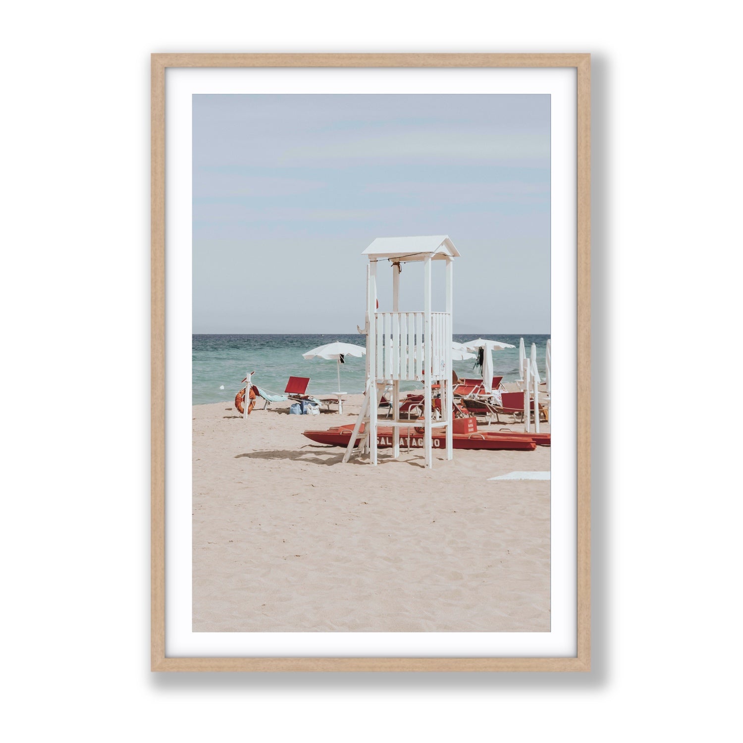 Barefoot Bliss Puglia beach Italian coastal decor wall art Gallery fine art print in natural oak frame with matboard