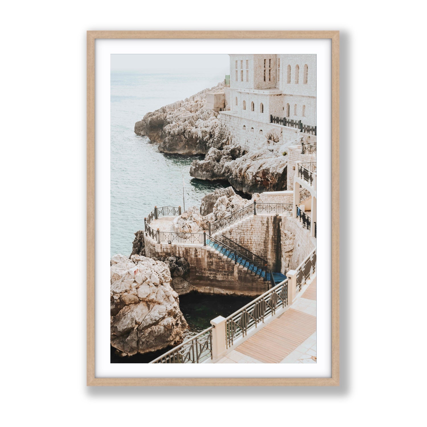 Wellness Centre Puglia coastal wall art Gallery fine art print in natural oak frame with matboard