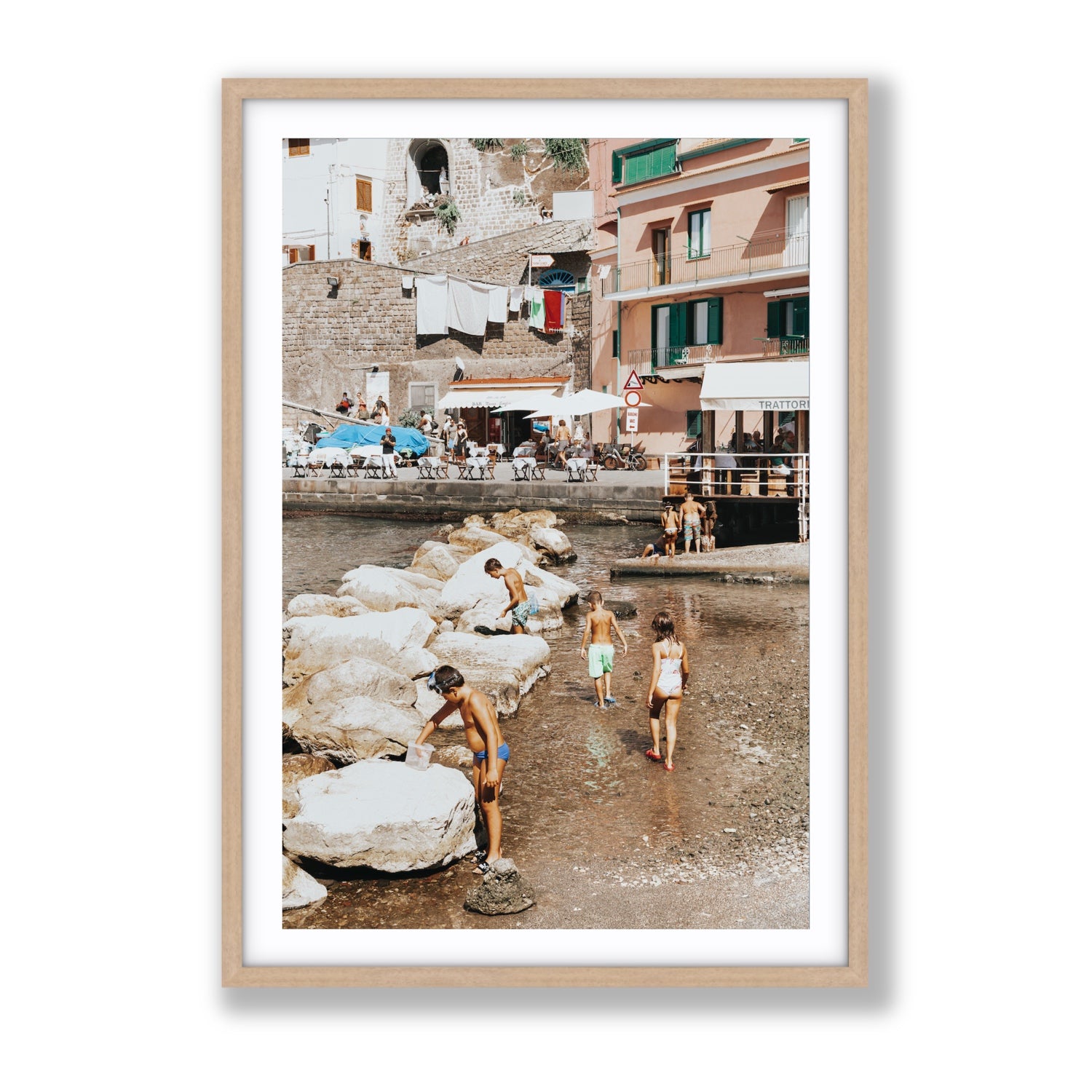 The Beachcombers Sorrento beach coastal wall art Gallery fine art print in natural oak frame with matboard