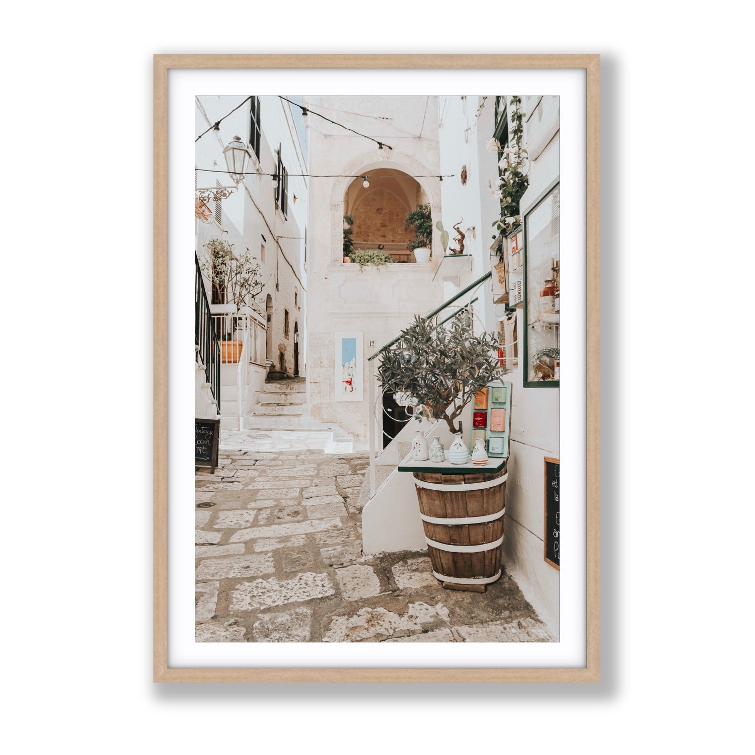Olive Tree Lane Puglia Ostuni Mediterranean decor wall art Gallery fine art print in natural oak frame with matboard
