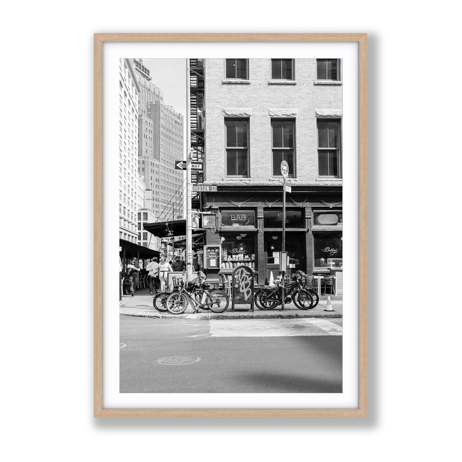 Bites Of The Big Apple New York NYC Black & White wall art Gallery fine art print in natural oak frame with matboard