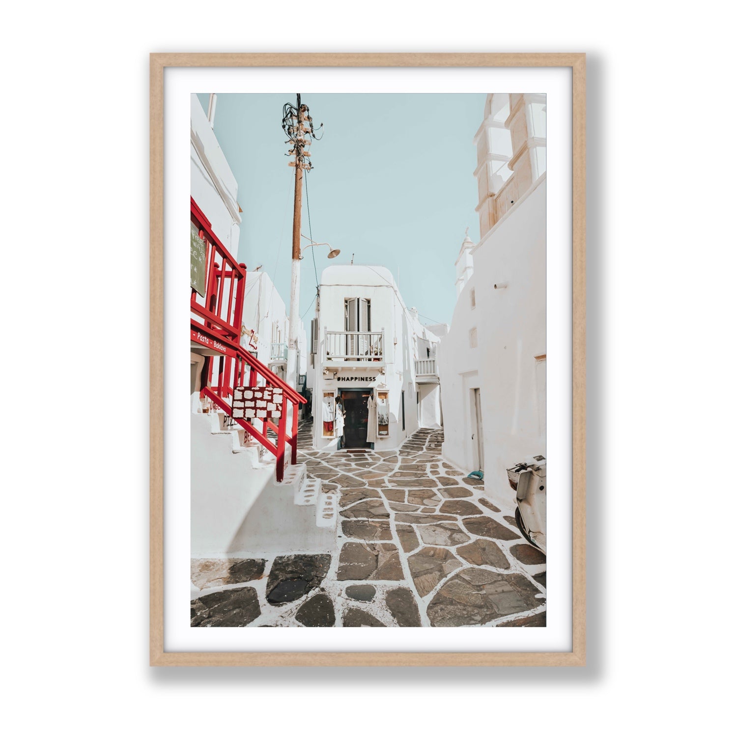 Happiness Mykonos Greek island wall art Gallery fine art print in natural oak frame with matboard