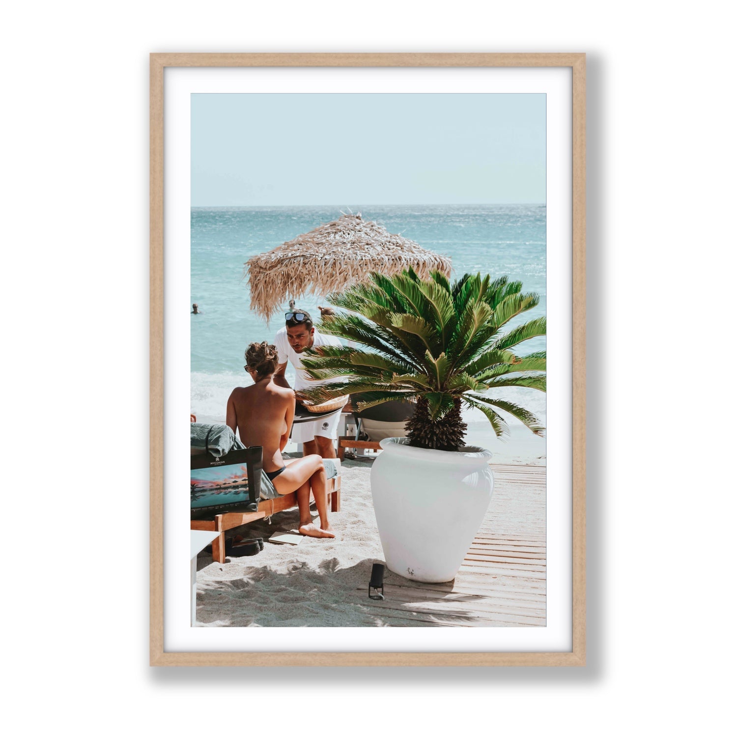 At Your Service Mykonos Greek island wall art Gallery fine art print in natural oak frame with matboard
