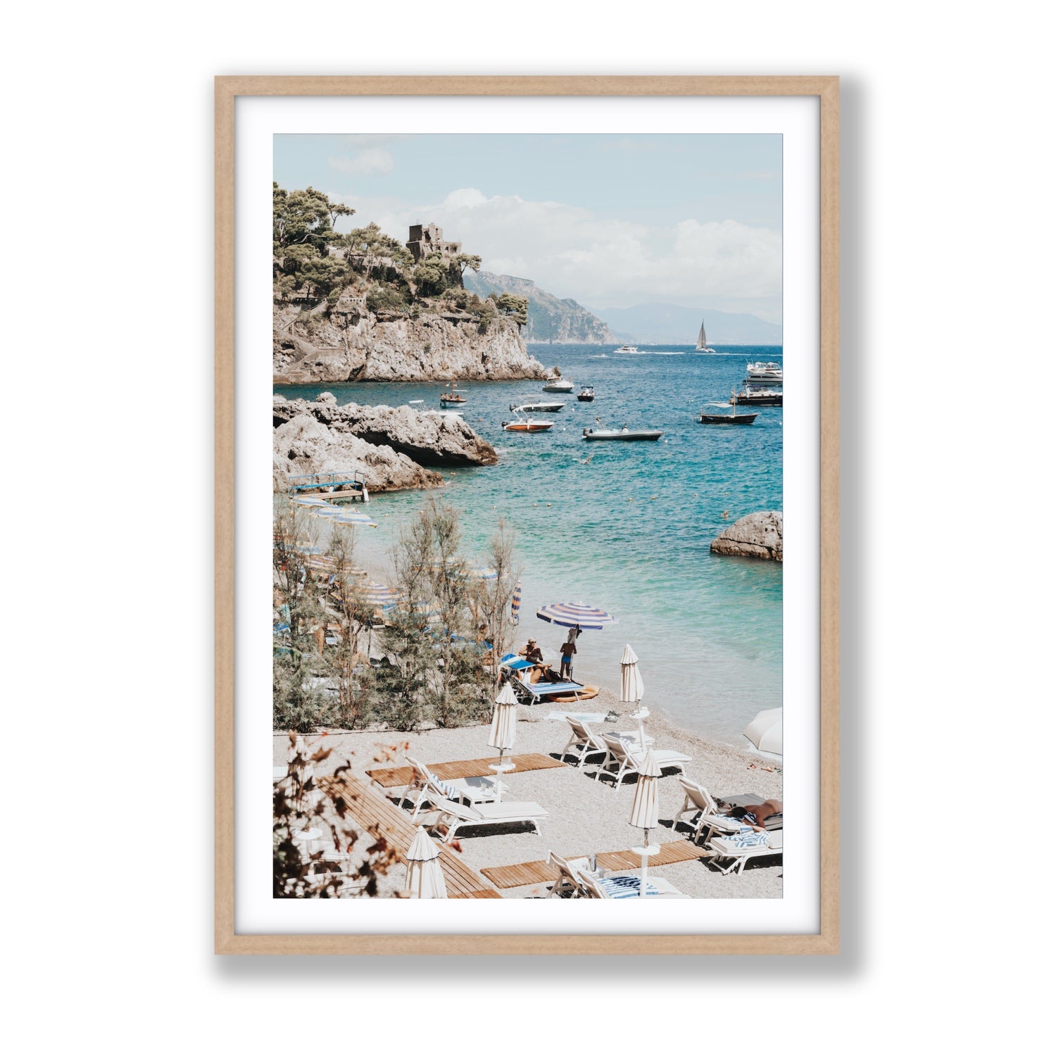 Sizzling Summer Days Amalfi coastal wall art Gallery fine art print in natural oak frame with matboard