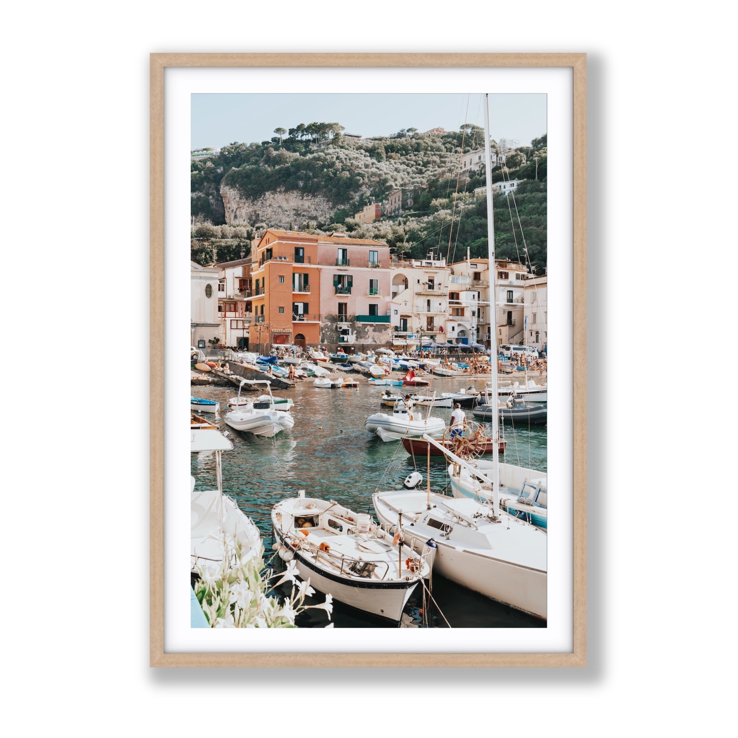 Marina Grande Sorrento coastal Italian wall art Gallery fine art print in natural oak frame with matboard