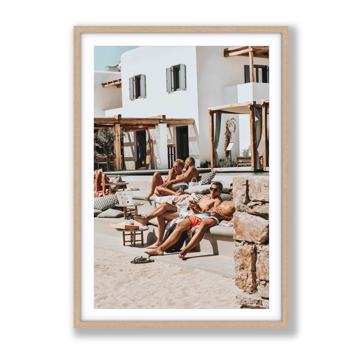 Style That Sizzles Mykonos Greek island wall art Gallery fine art print in natural oak frame with matboard