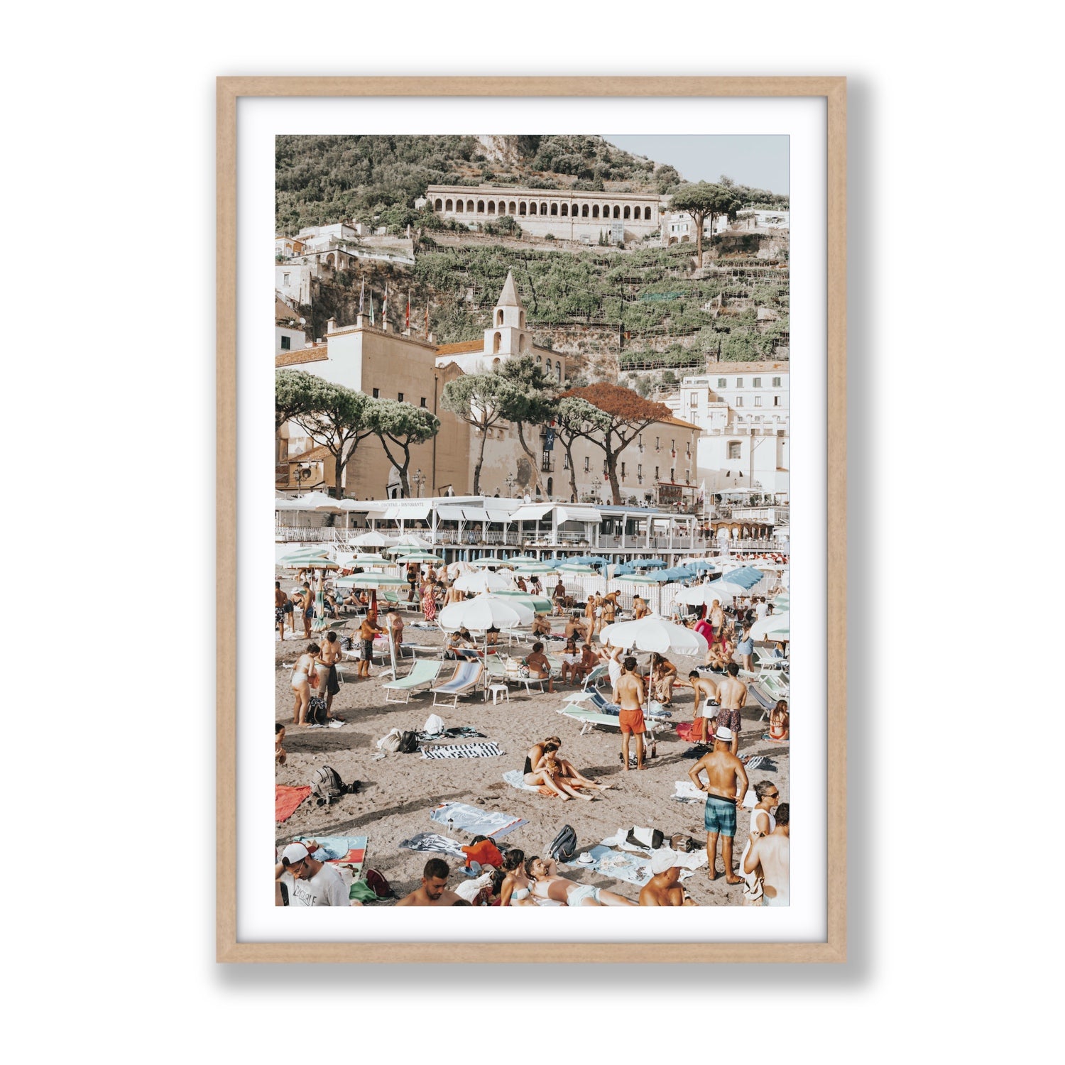 Festa In Spiaggia Amalfi coastal wall art Gallery fine art print in natural oak frame with matboard