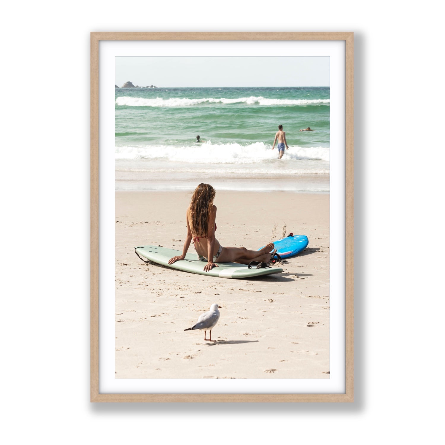 Carissa Byron Bay Surf coastal wall art Gallery fine art print in natural oak frame with matboard