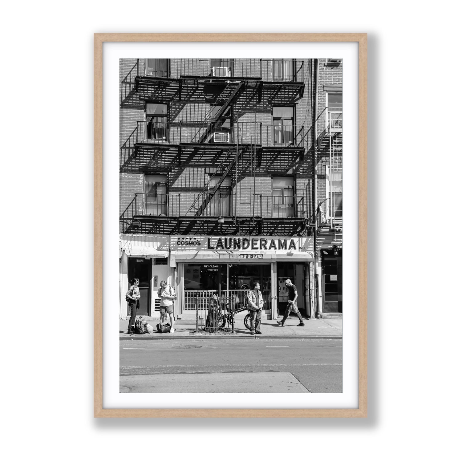 Bus Stop New York NYC Black & White wall art Gallery fine art print in natural oak frame with matboard