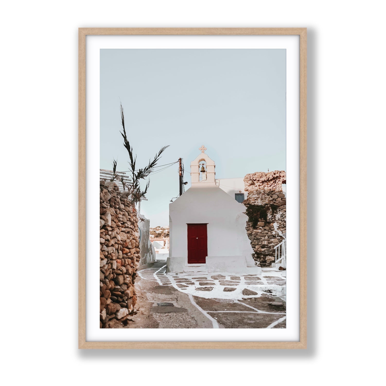 Little Chapel Mykonos Greek island wall art Gallery fine art print in natural oak frame with matboard
