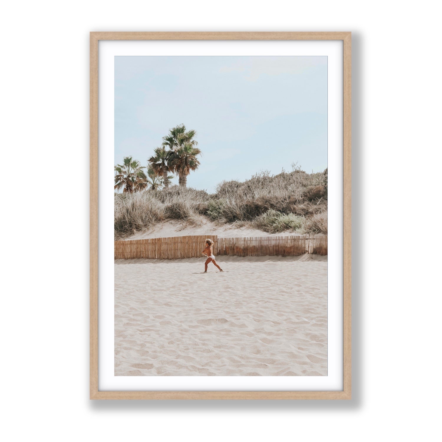 Joyful Sprint Puglia beach coastal fine art print Gallery fine art print in natural oak frame with matboard