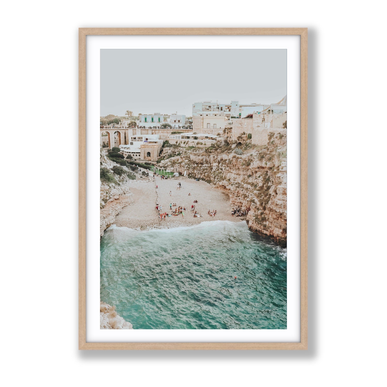 Polignano Vista Puglia coastal Italian beach fine art print Gallery fine art print in natural oak frame with matboard