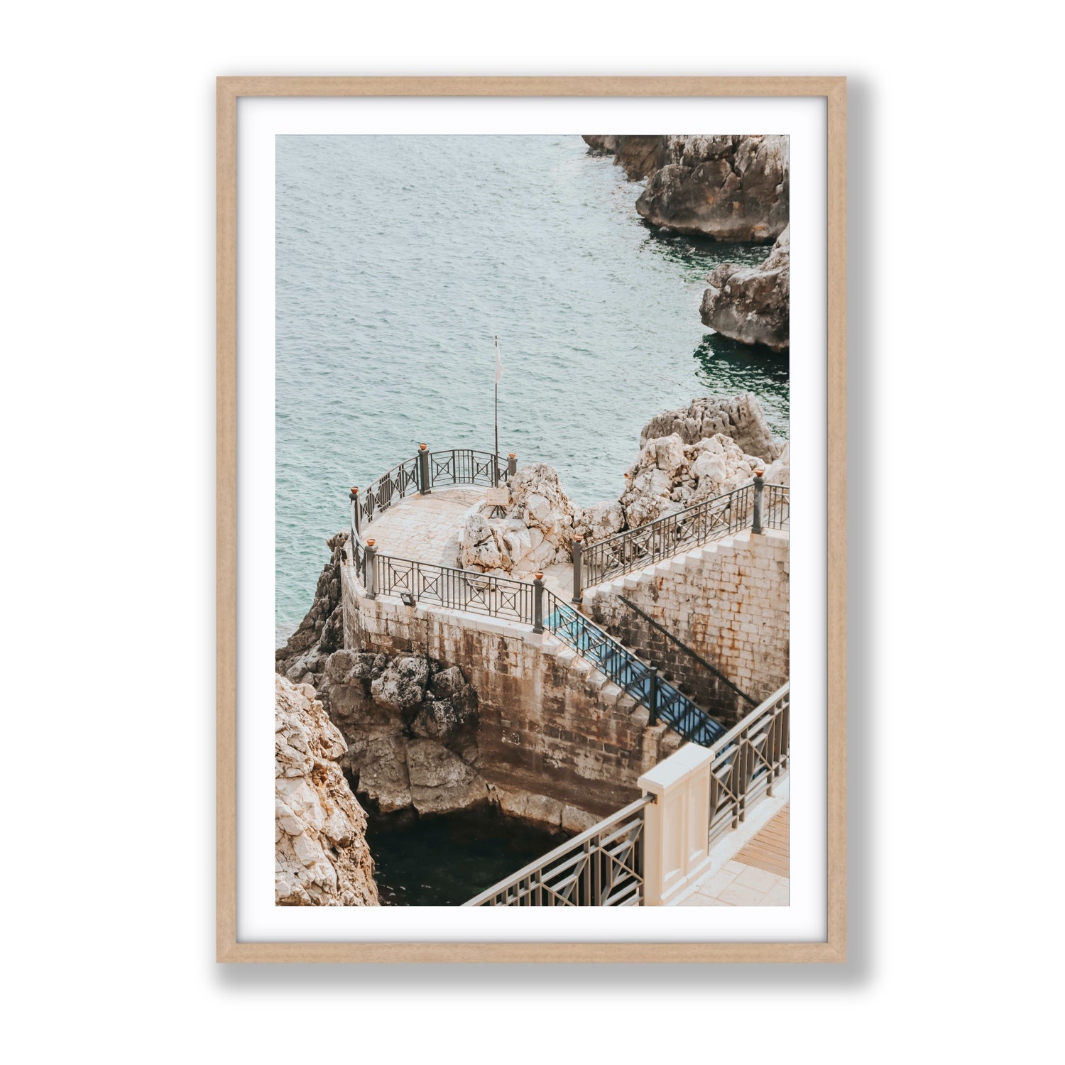 Tidal Staircase Puglia coastal Italian wall art Gallery fine art print in natural oak frame with matboard