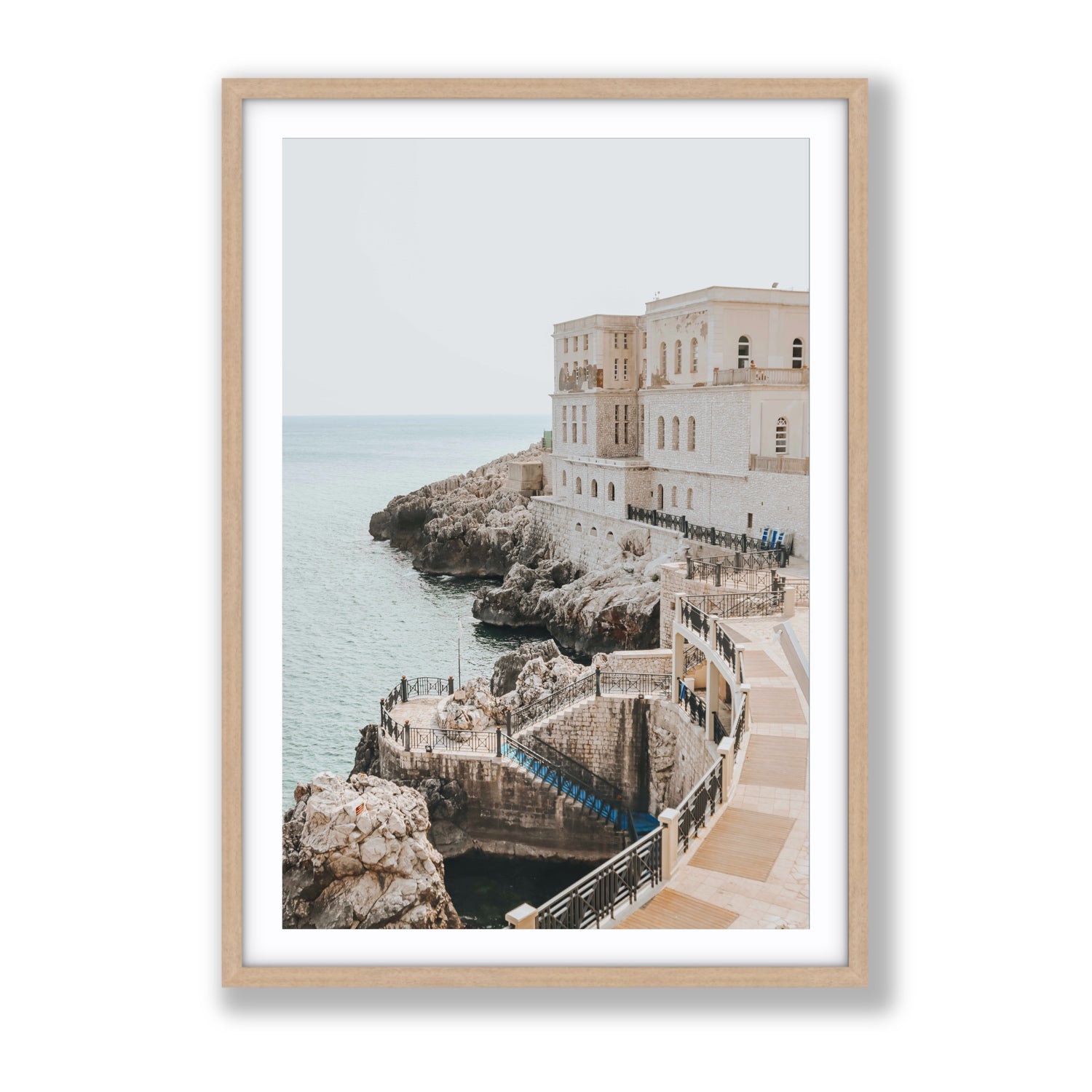 Santa Cesarea Puglia Italian coastal wall art Gallery fine art print in natural oak frame with matboard