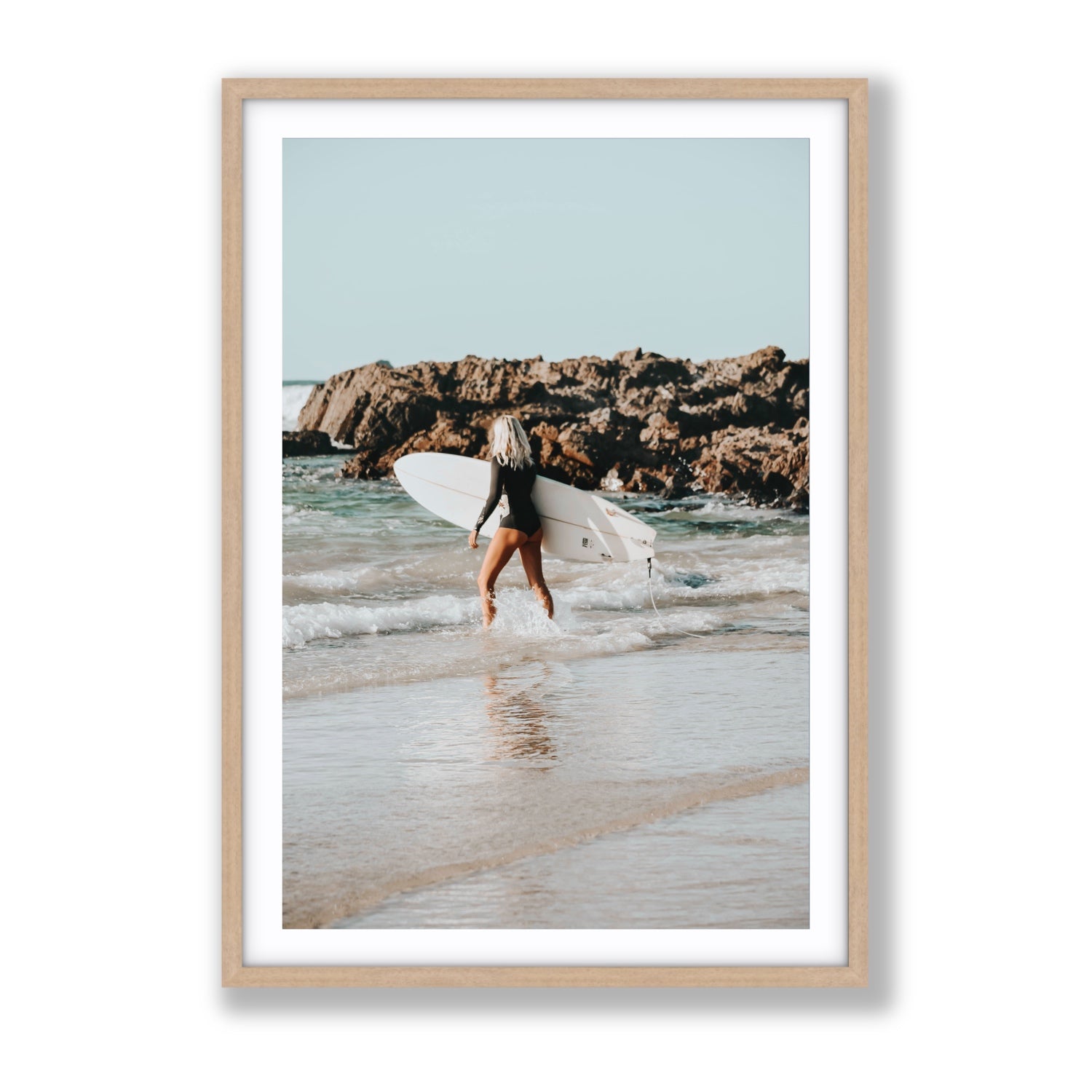 Bethany Byron Bay Surf coastal decor wall art Gallery fine art print in natural oak frame with matboard