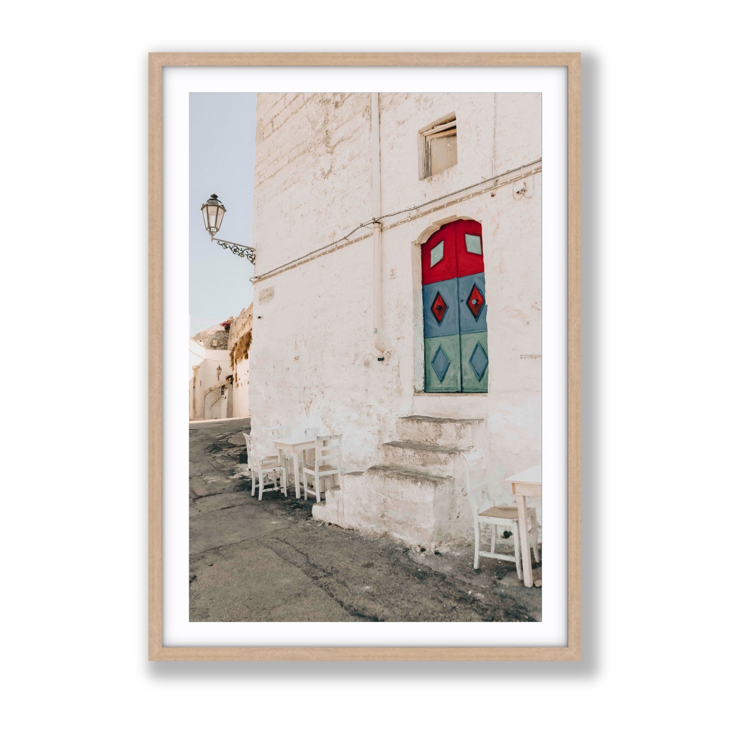 Doorway Delight Puglia Ostuni wall art Gallery fine art print in natural oak frame with matboard
