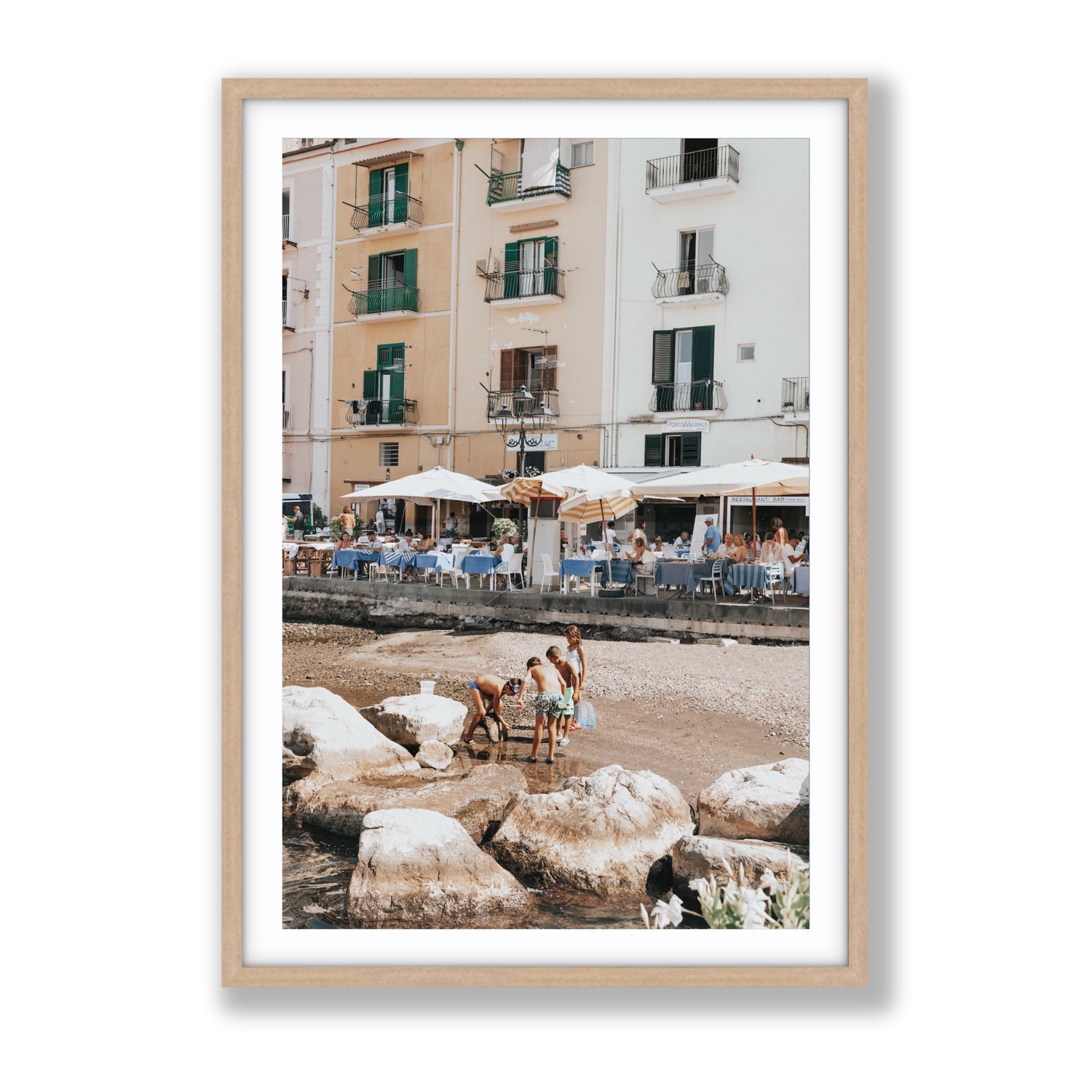 Sunny Playtime Sorrento coastal wall art Gallery fine art print in natural oak frame with matboard