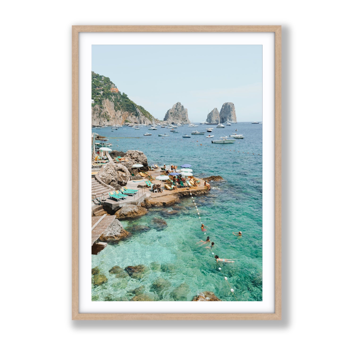 Summertime Blues Capri Mediterranean wall art Gallery fine art print in natural oak frame with matboard