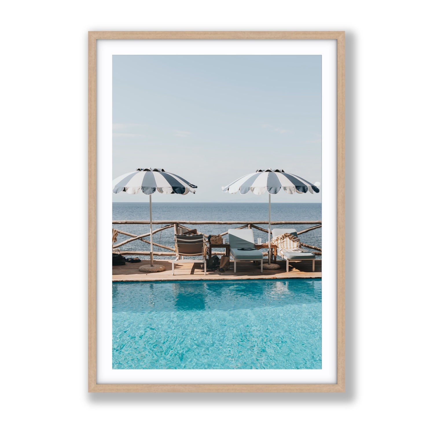 Beach Retreat fine art print, Ischia, Italy, european beach clubs artwork, Gallery, Natural Oak Frame · Matboard, Fine Art Print