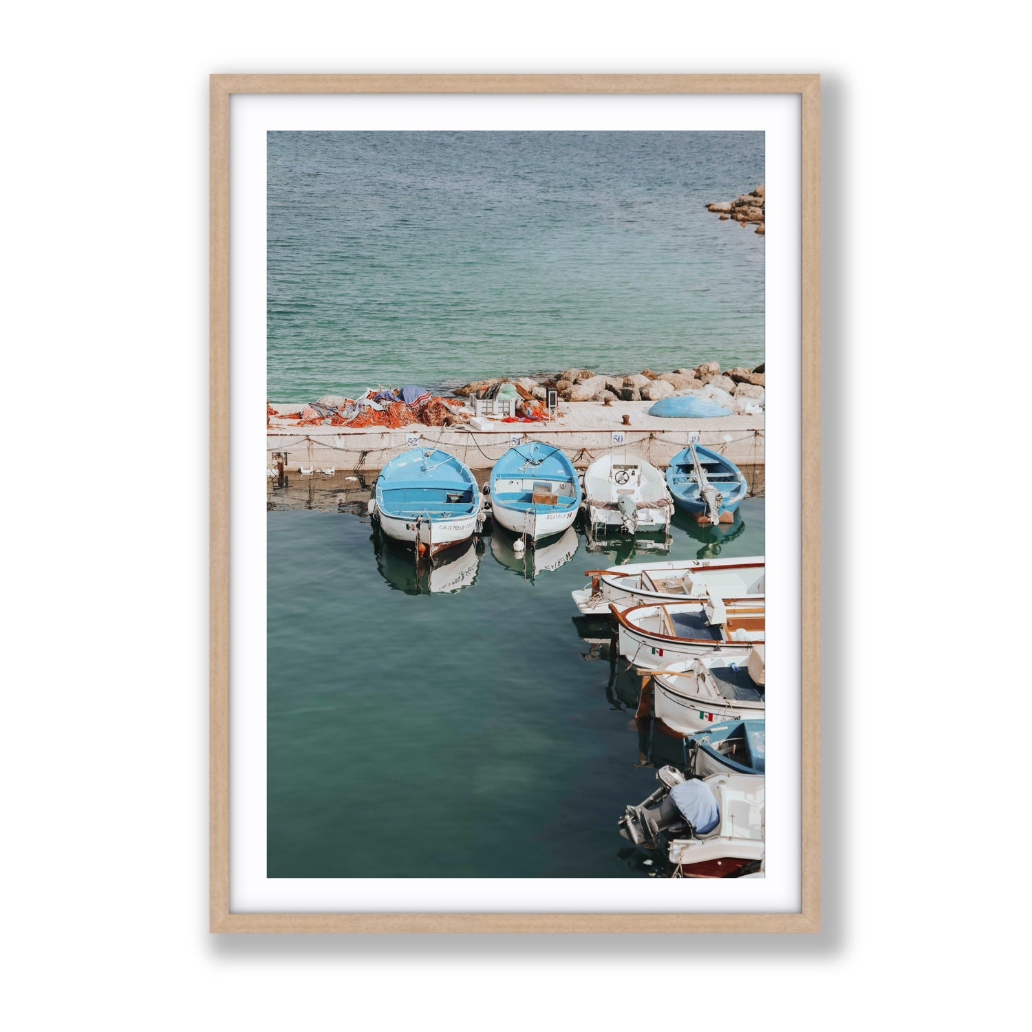 Maritime Memories Puglia Harbour Reflections coastal wall art Gallery fine art print in natural oak frame with matboard