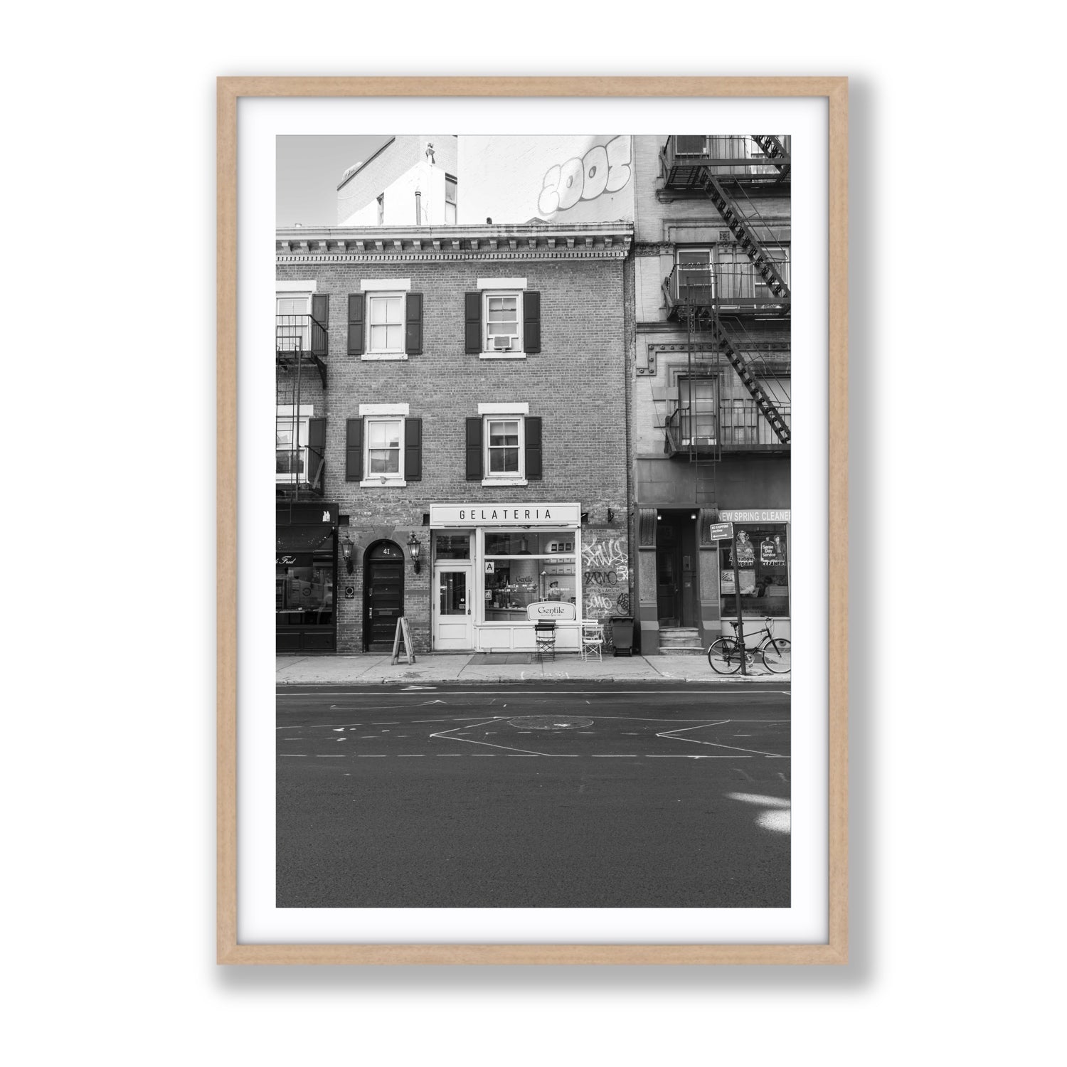 Gelateria New York NYC Black & White wall art Gallery fine art print in natural oak frame with matboard