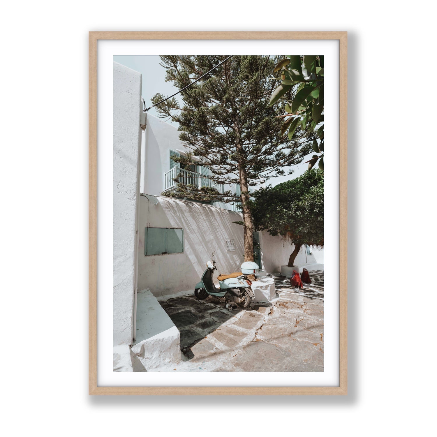 The Getaway Mykonos Mediterranean Greek island art print Gallery fine art print in natural oak frame with matboard