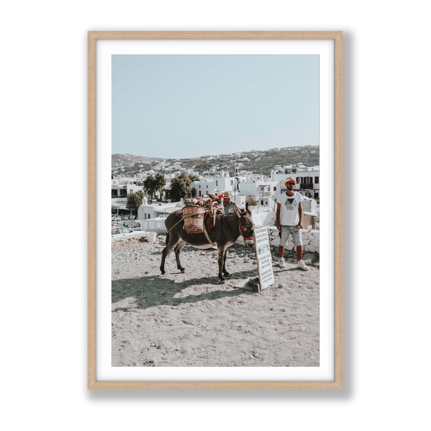 Let The Journey Begin Mykonos Greek island wall art Gallery fine art print in natural oak frame with matboard