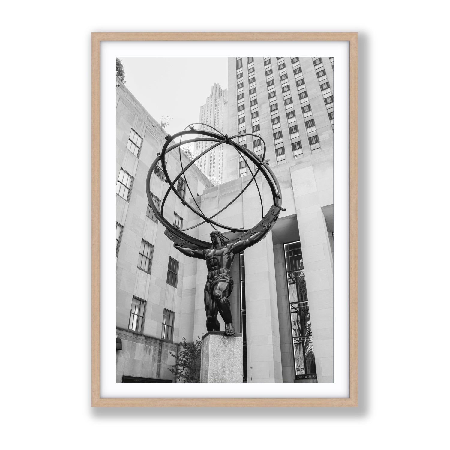 Atlas Ascends New York NYC Black & White wall art Gallery fine art print in natural oak frame with matboard