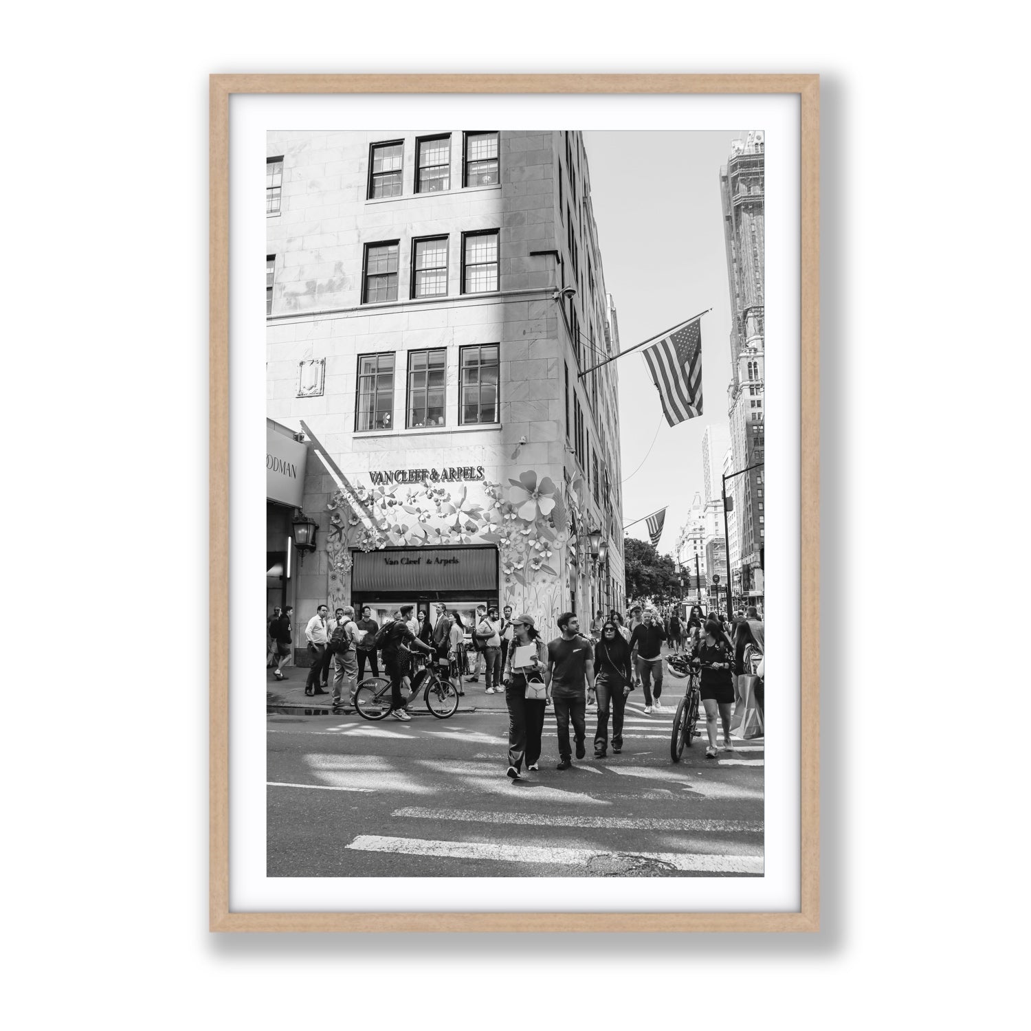 Sidewalk Shuffle New York NYC Black & White wall art Gallery fine art print in natural oak frame with matboard