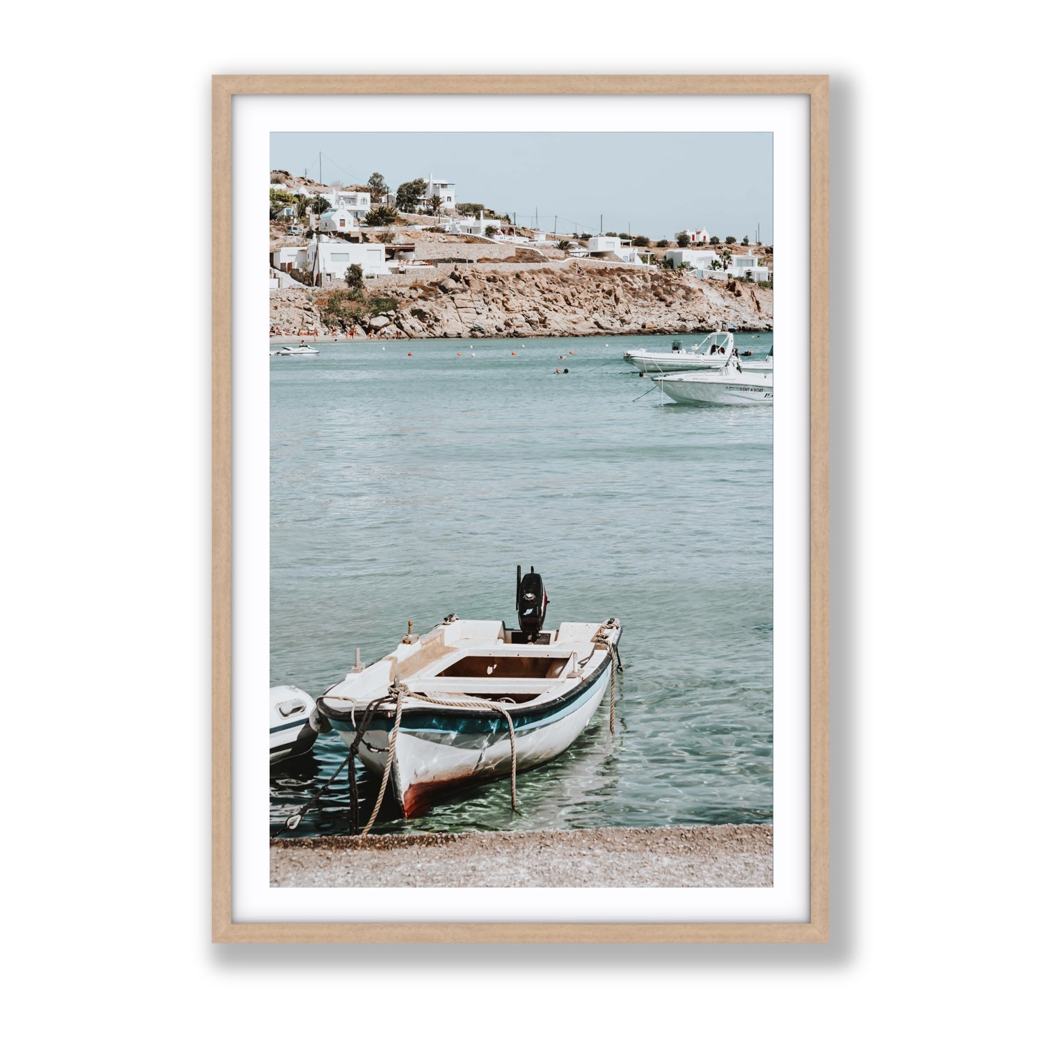 Classic Wheels Mykonos Greek island wall art Gallery fine art print in natural oak frame with matboard