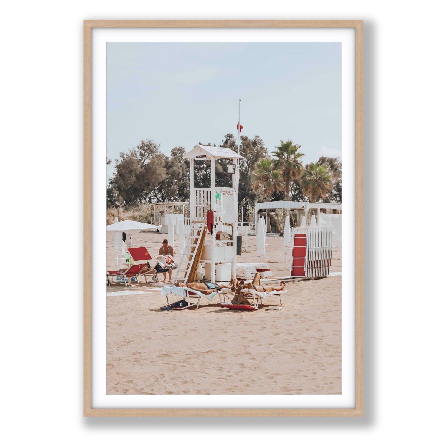 Red Lounge Reverie Puglia beach coastal wall art Statement fine art print in natural oak frame with matboard
