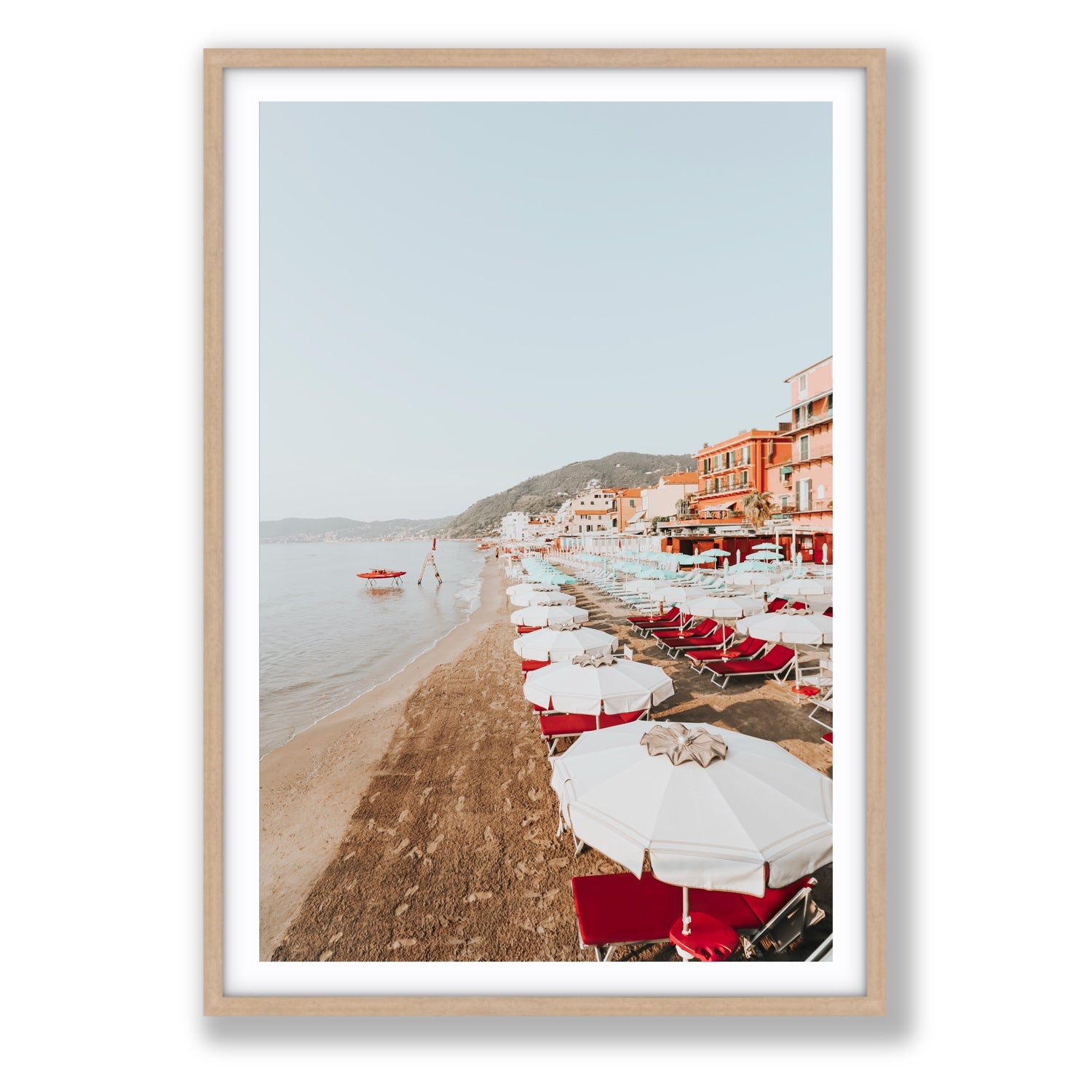 Italian Riviera fine art print, Alassio, Italy, coastal scenes artwork, Statement, Natural Oak Frame · Matboard, Fine Art Print