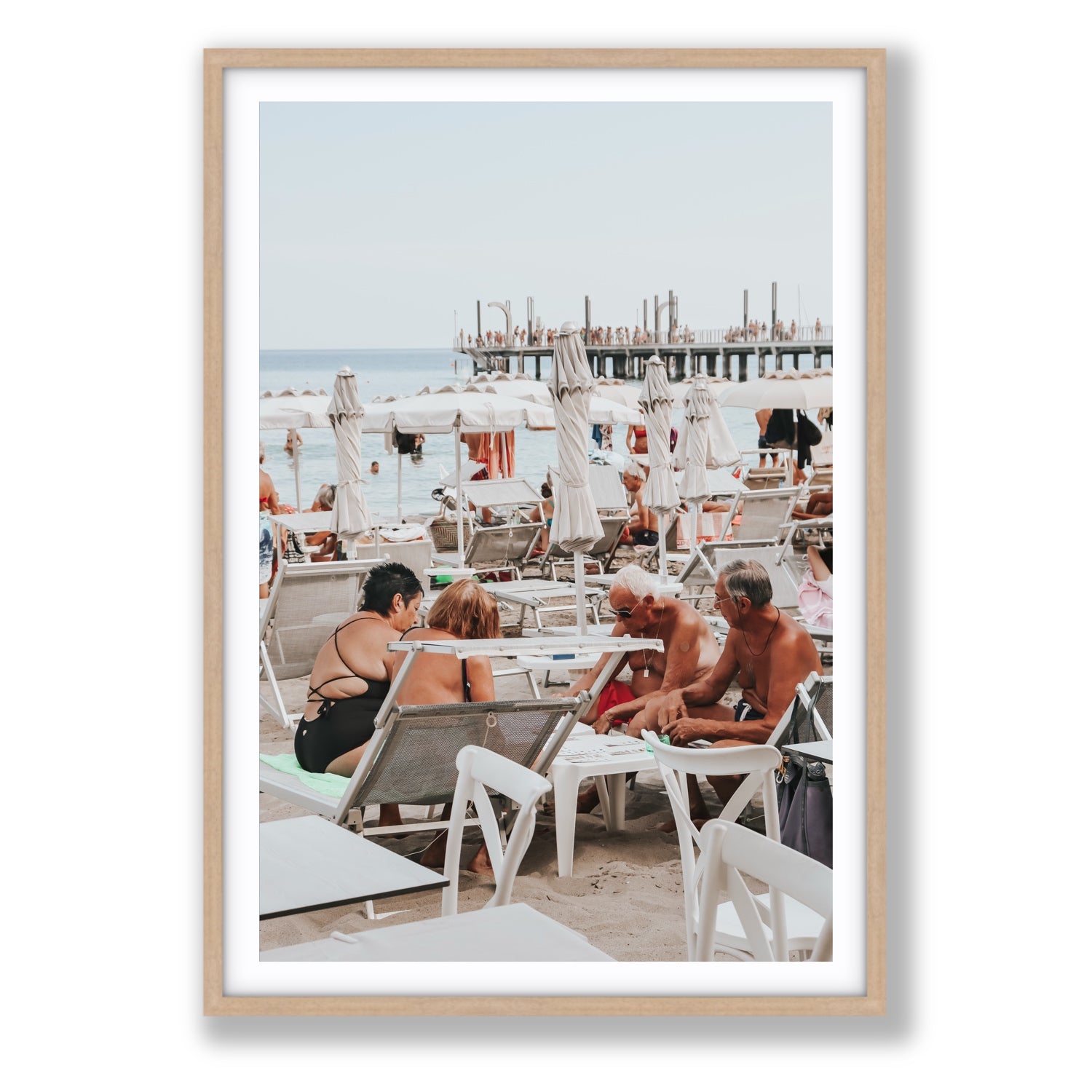 Salted Shuffle fine art print, Alassio, Italy, people and locals artwork, Statement, Natural Oak Frame · Matboard, Fine Art Print