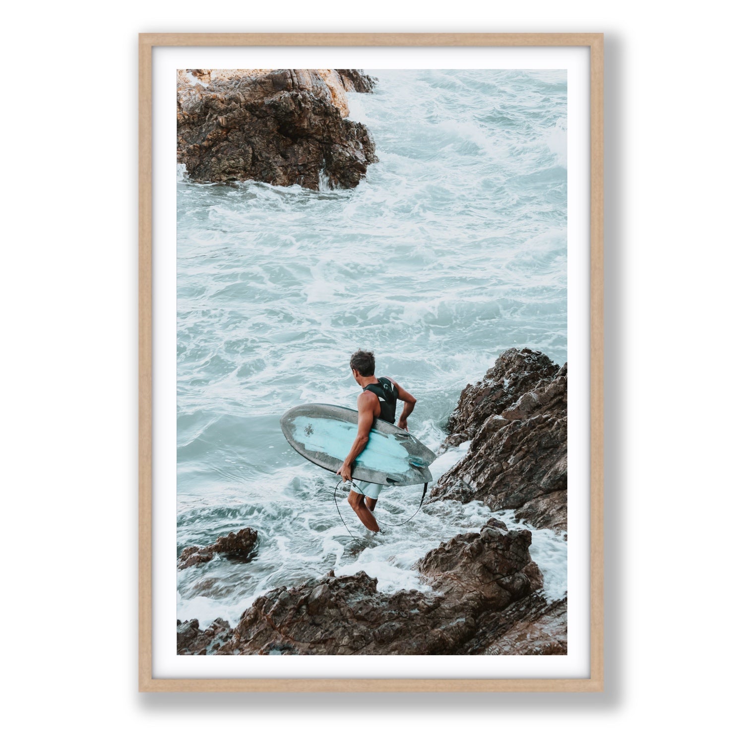 Into The Soup Byron Bay Surf coastal wall art Statement fine art print in natural oak frame with matboard
