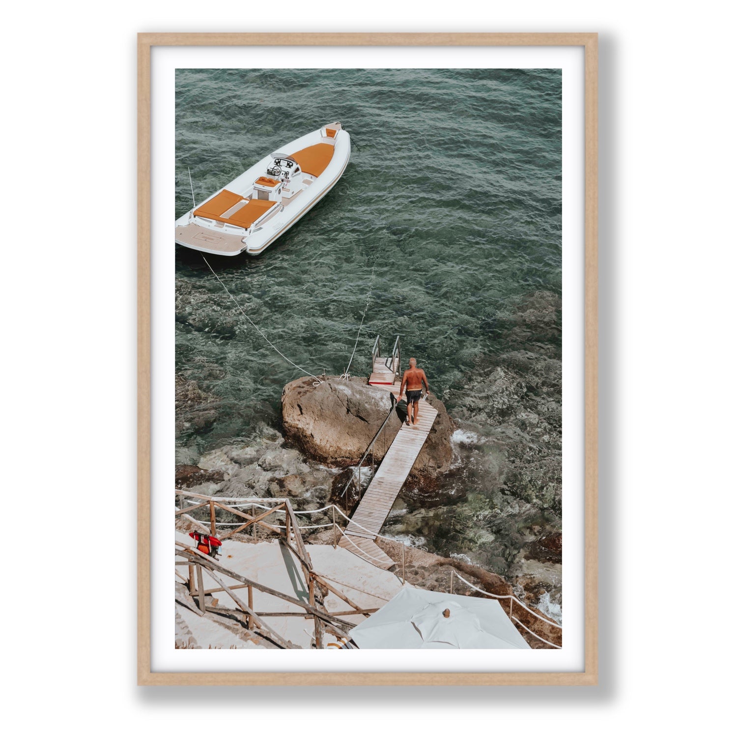 Secret Cove Tuscany coastal Italian wall art Statement fine art print in natural oak frame with matboard