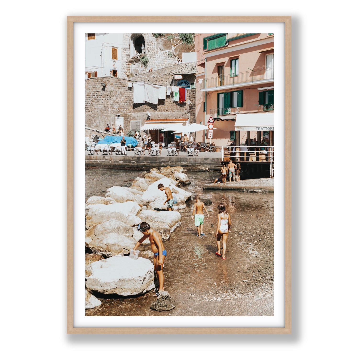 The Beachcombers Sorrento beach coastal wall art Statement fine art print in natural oak frame with matboard