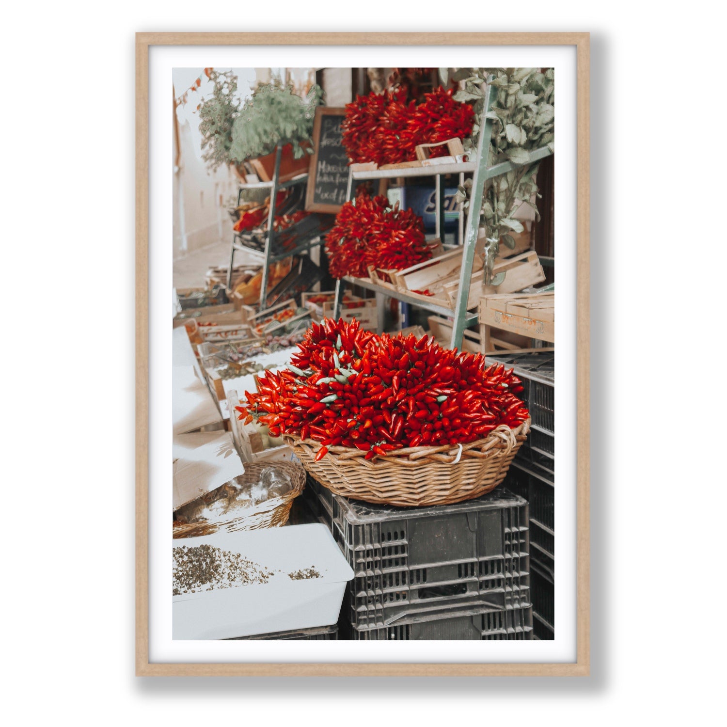 Fiery Cluster Puglia Italian wall art Statement fine art print in natural oak frame with matboard
