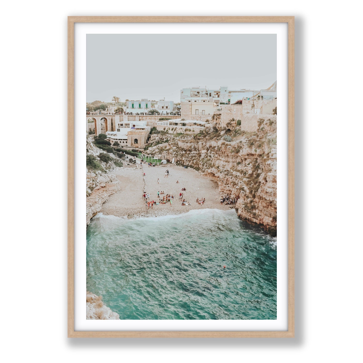 Polignano Vista Puglia coastal Italian beach fine art print Statement fine art print in natural oak frame with matboard