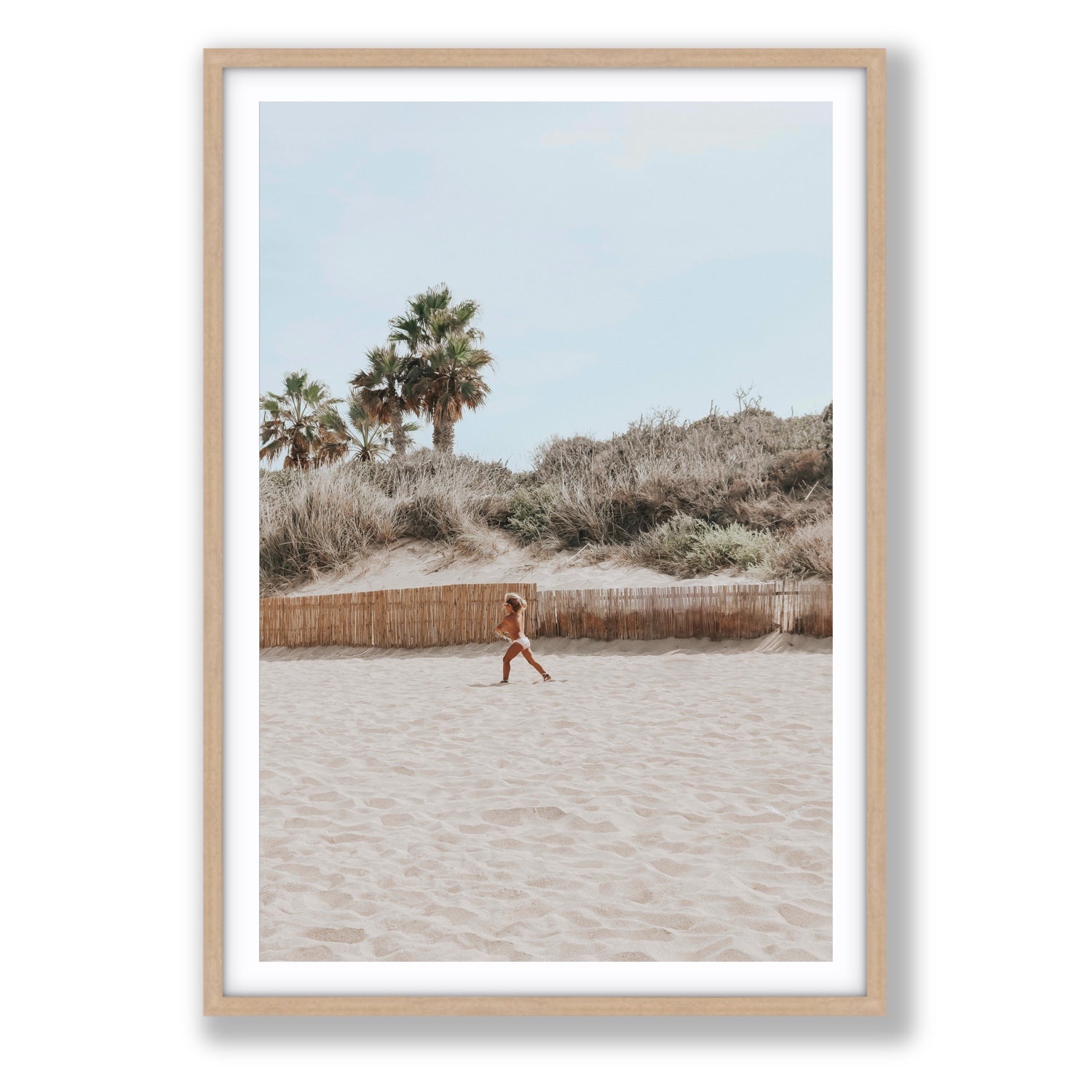 Joyful Sprint Puglia beach coastal fine art print Statement fine art print in natural oak frame with matboard