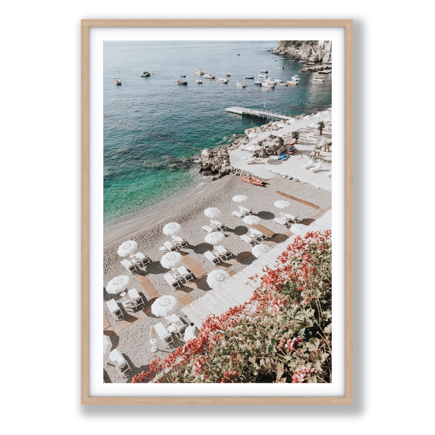 Tranquil Oasis Amalfi coastal wall art Statement fine art print in natural oak frame with matboard