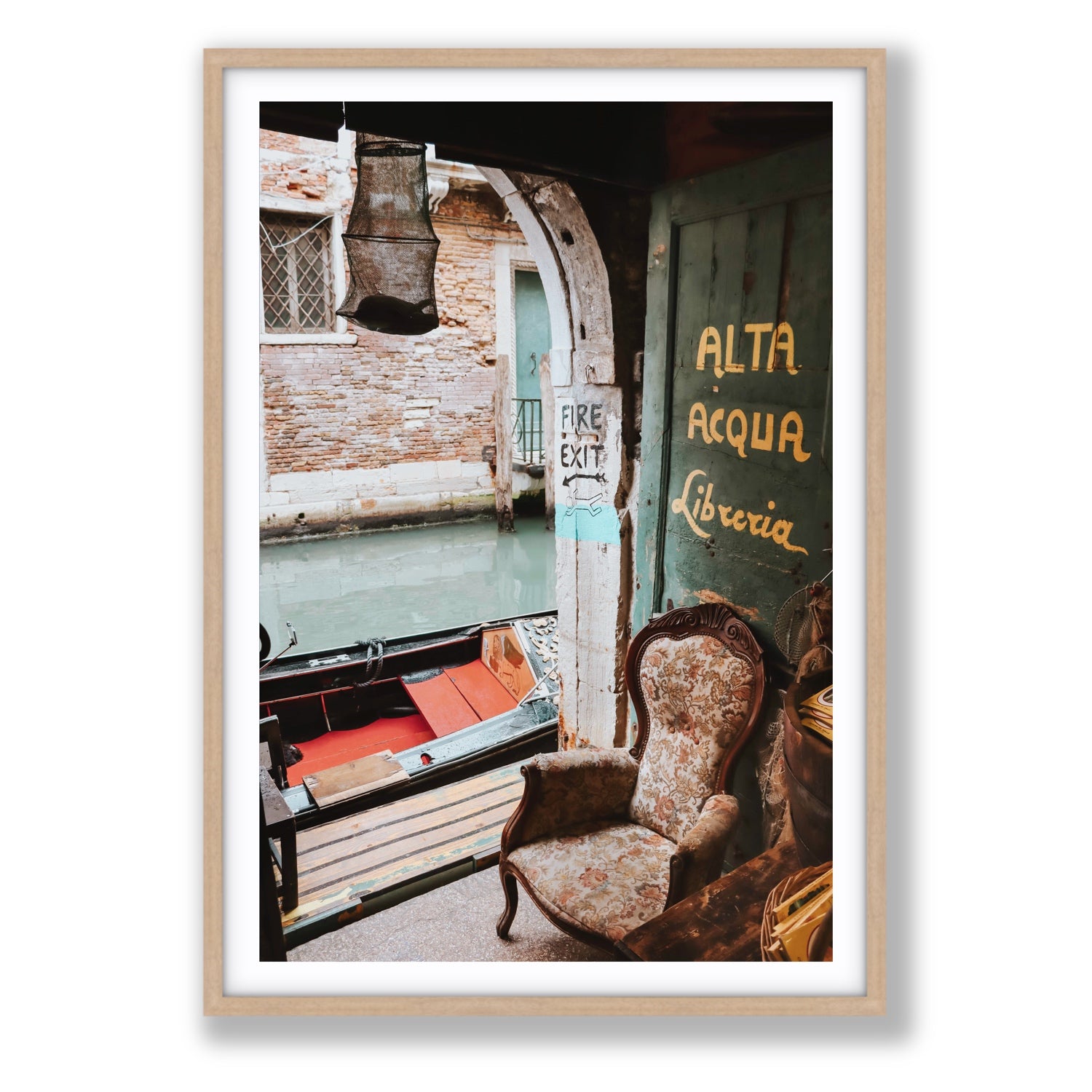 Alta Acqua Venice Bookstore wall art Statement fine art print in natural oak frame with matboard