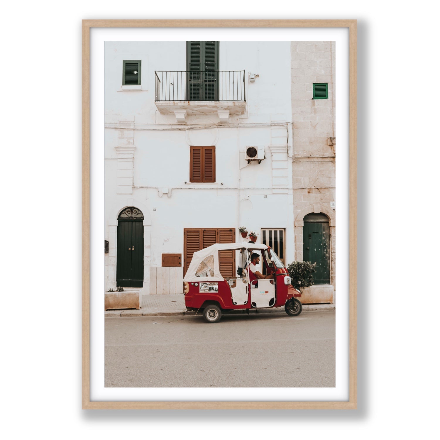 Groovy Piaggio Puglia Italian wall art Statement fine art print in natural oak frame with matboard