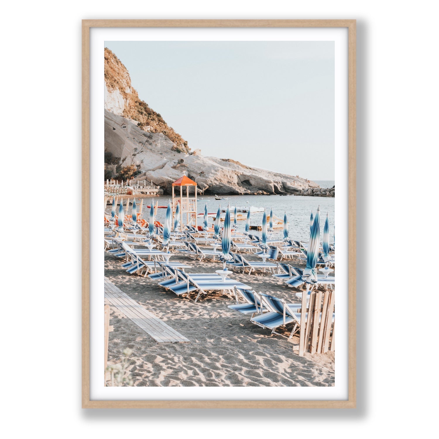 The Golden Hour Ischia Italian coastal wall art Statement fine art print in natural oak frame with matboard
