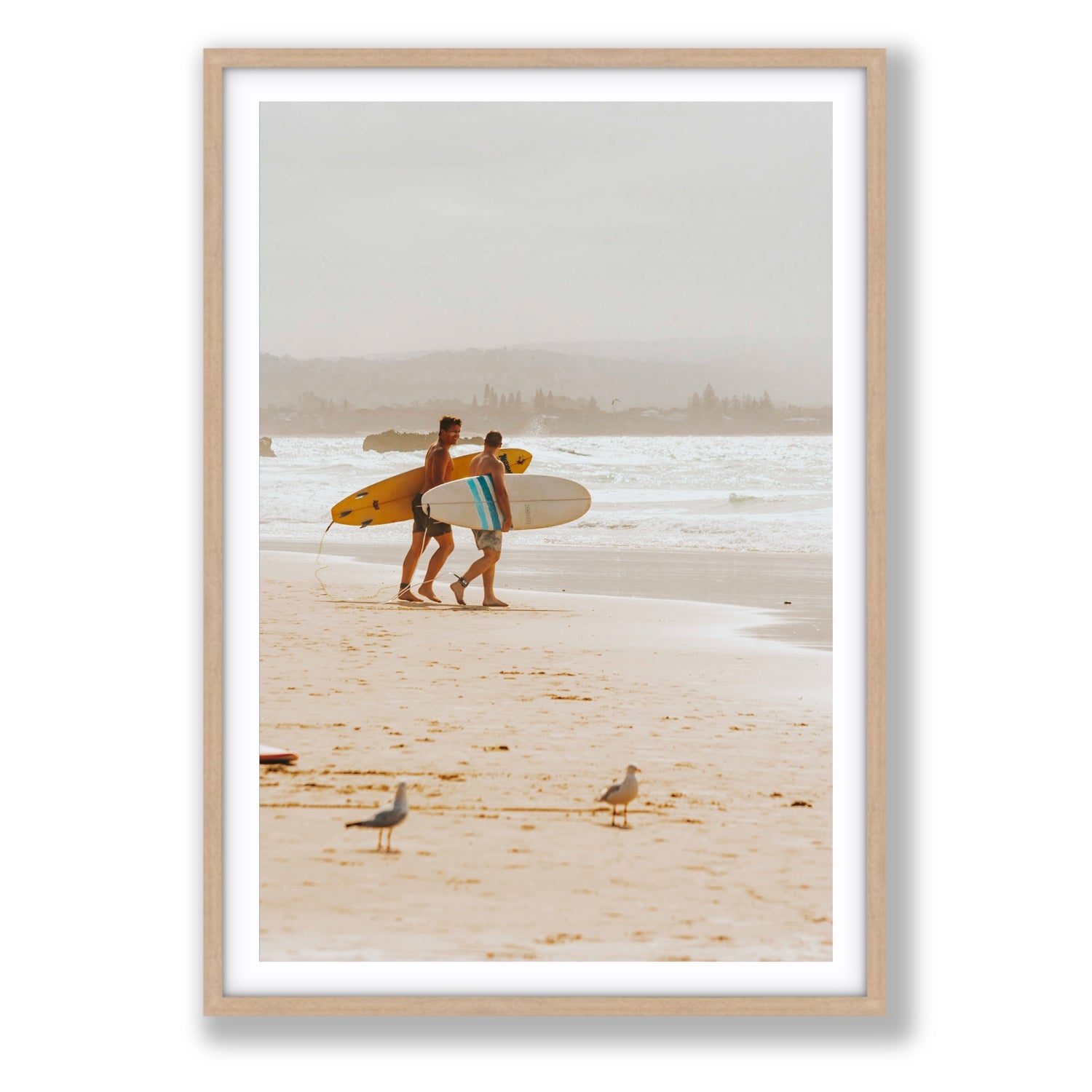 Shane & Benji Byron Bay Surf coastal wall art Statement fine art print in natural oak frame with matboard