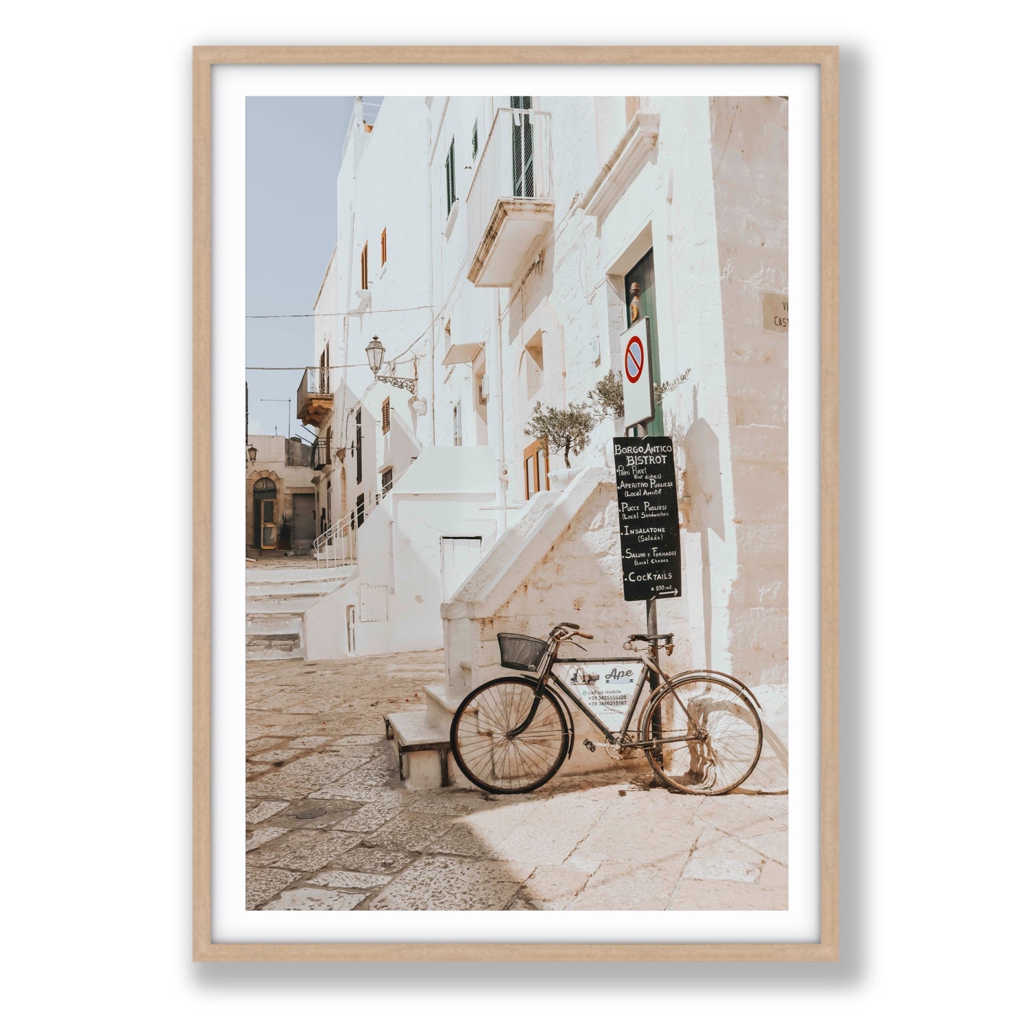 La Bicicletta Puglia Ostuni wall art Statement fine art print in natural oak frame with matboard