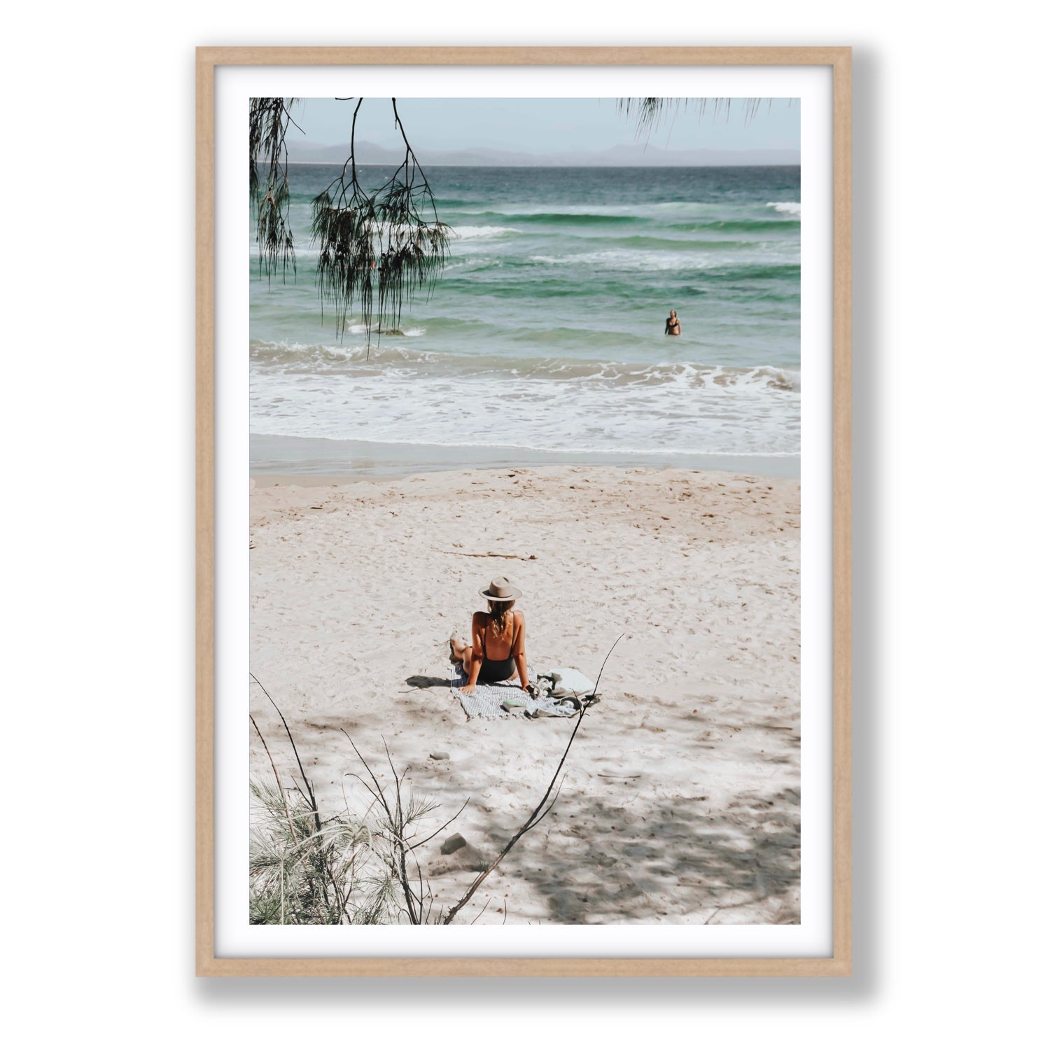 Take It Easy Byron Bay beach coastal decor wall art Statement fine art print in natural oak frame with matboard