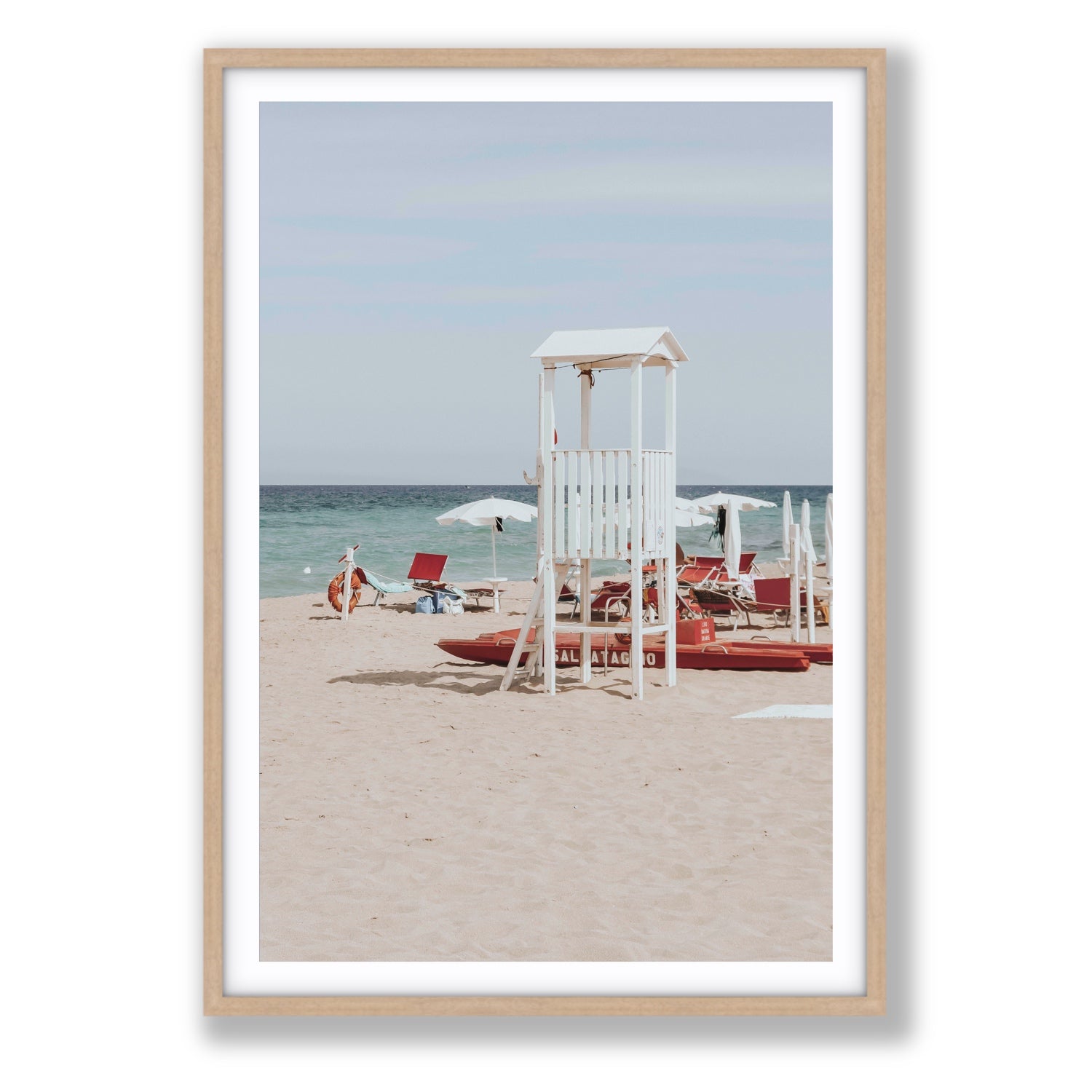 Barefoot Bliss Puglia beach Italian coastal decor wall art Statement fine art print in natural oak frame with matboard