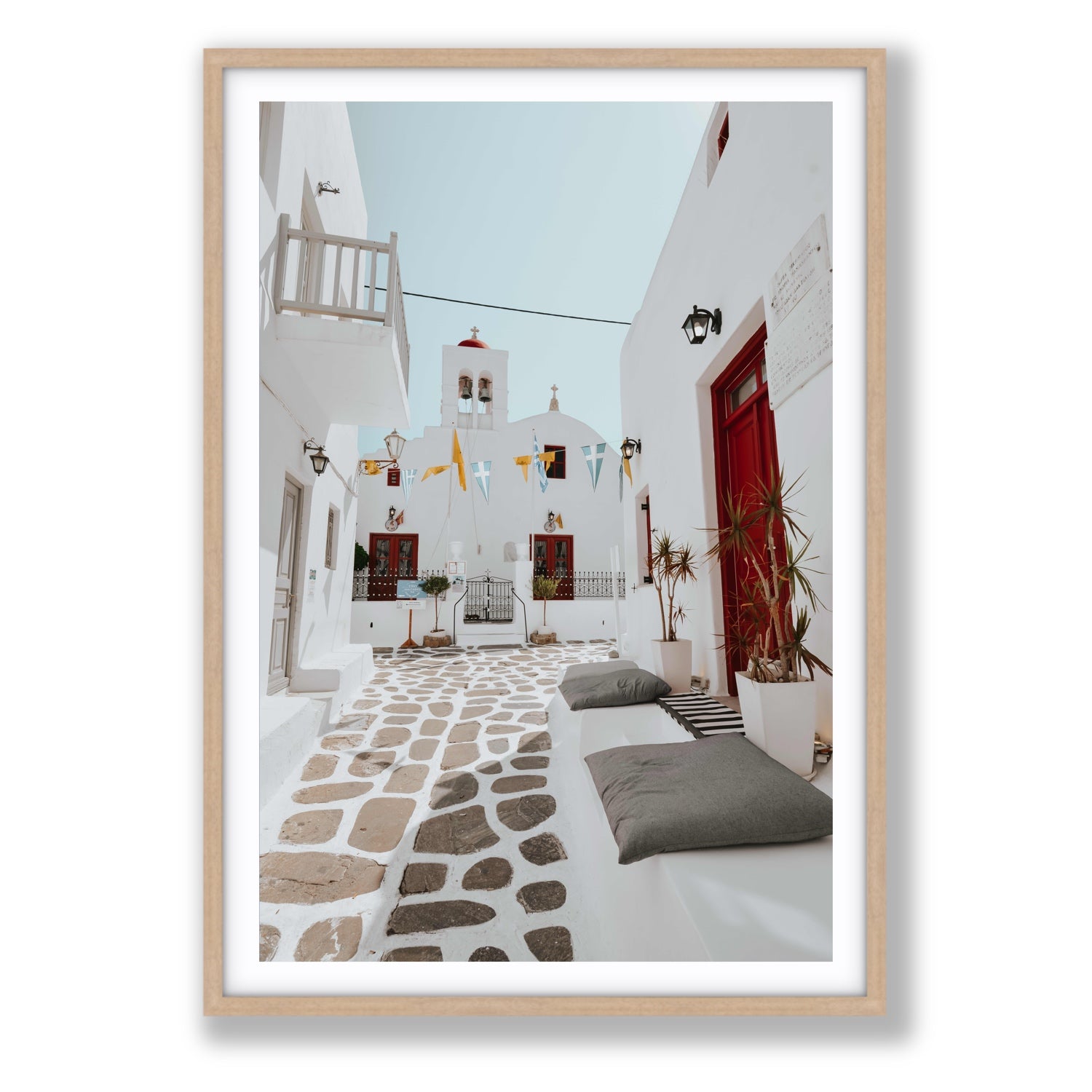 Cycladic Charm fine art print, Mykonos, Greece, Statement, Natural Oak Frame · Matboard, Fine Art Print